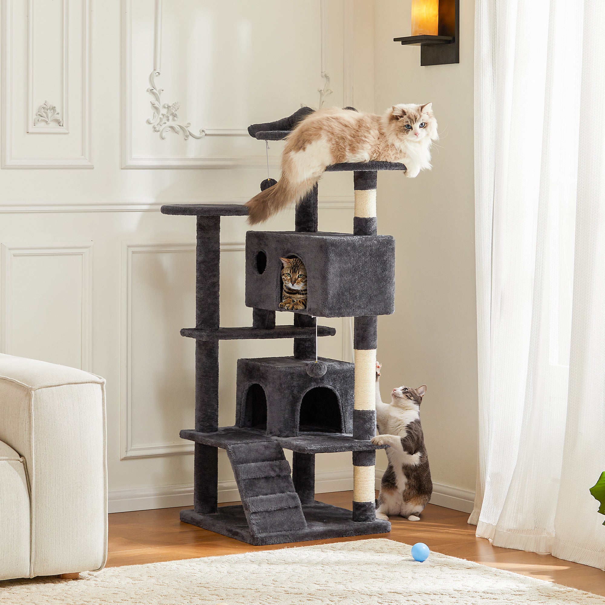 Large Cat Tree Tower, 62 - 70 - 80 Cat Tree Large Cats, Multi Level With Scratching Post, Cozy Cat Jumping Platform Space, Grey - 5 - CJ
