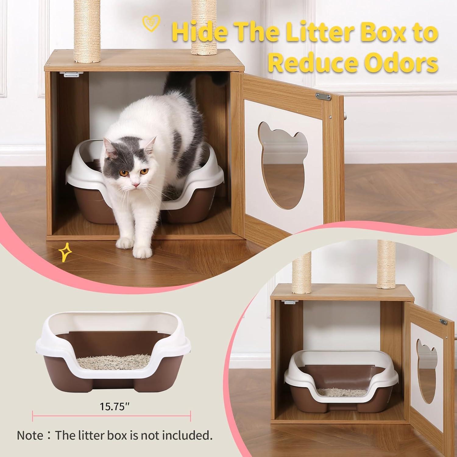 Solid Wood Cat Tree And Tower With Litter Box, Cat Scratching Board And Hammock For Indoor Large Cats - 5 - CJ