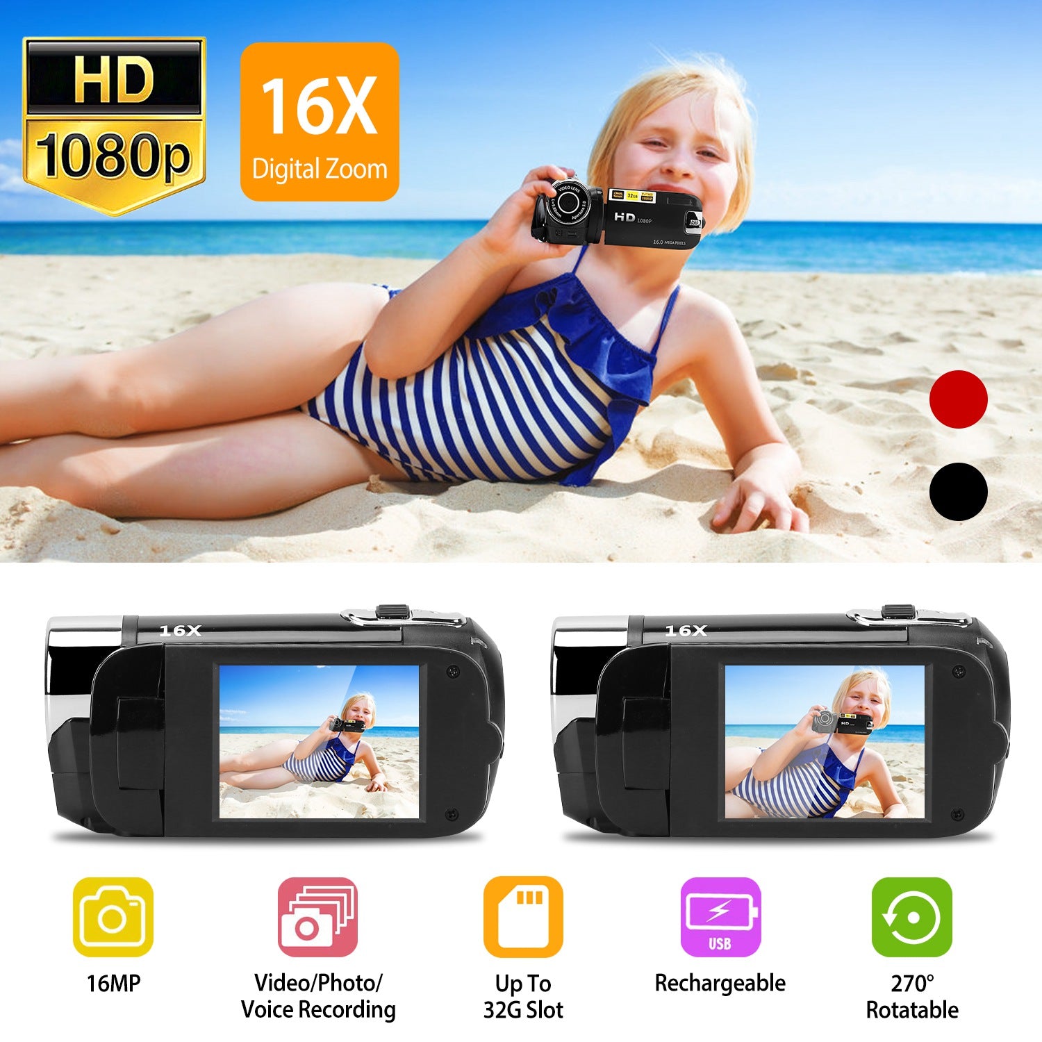 Black - Red Options - 1Pc HD 1080P Digital Video Camcorder 2.7in 16X Zoom DV Camera 270 Degree Rotation Rechargeable Kid Camera With Fill Light Selfie - 5 - CJ