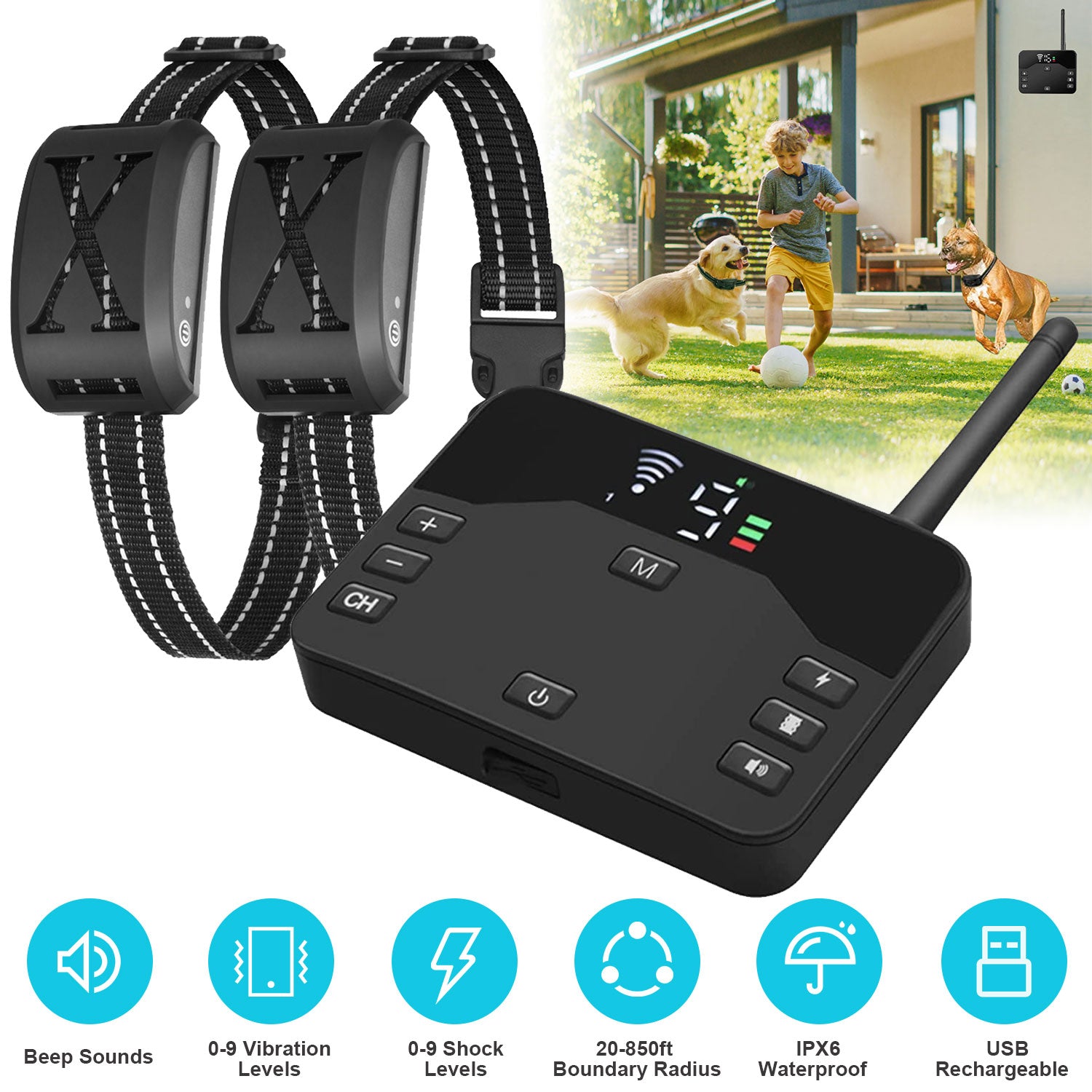 2 In 1 Wireless Electric Dog Fence Waterproof Pet Shock Boundary Containment System Electric Training Collar With 2 Receiver Collars For Small Medium Large Dogs - 5 - CJ