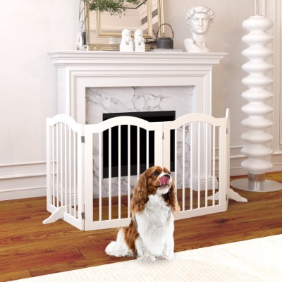 27.6 Height Tall Freestanding Pet Gate, 4 Panels Foldable Dog Gate, Solid Wood Folding Safety Fence Wooden Dog Gate With 2 Pcs Support Feet Ideal For Stairs, Doorways, Halls, Kitchens, Heavy Duty Gat - 5 - CJ