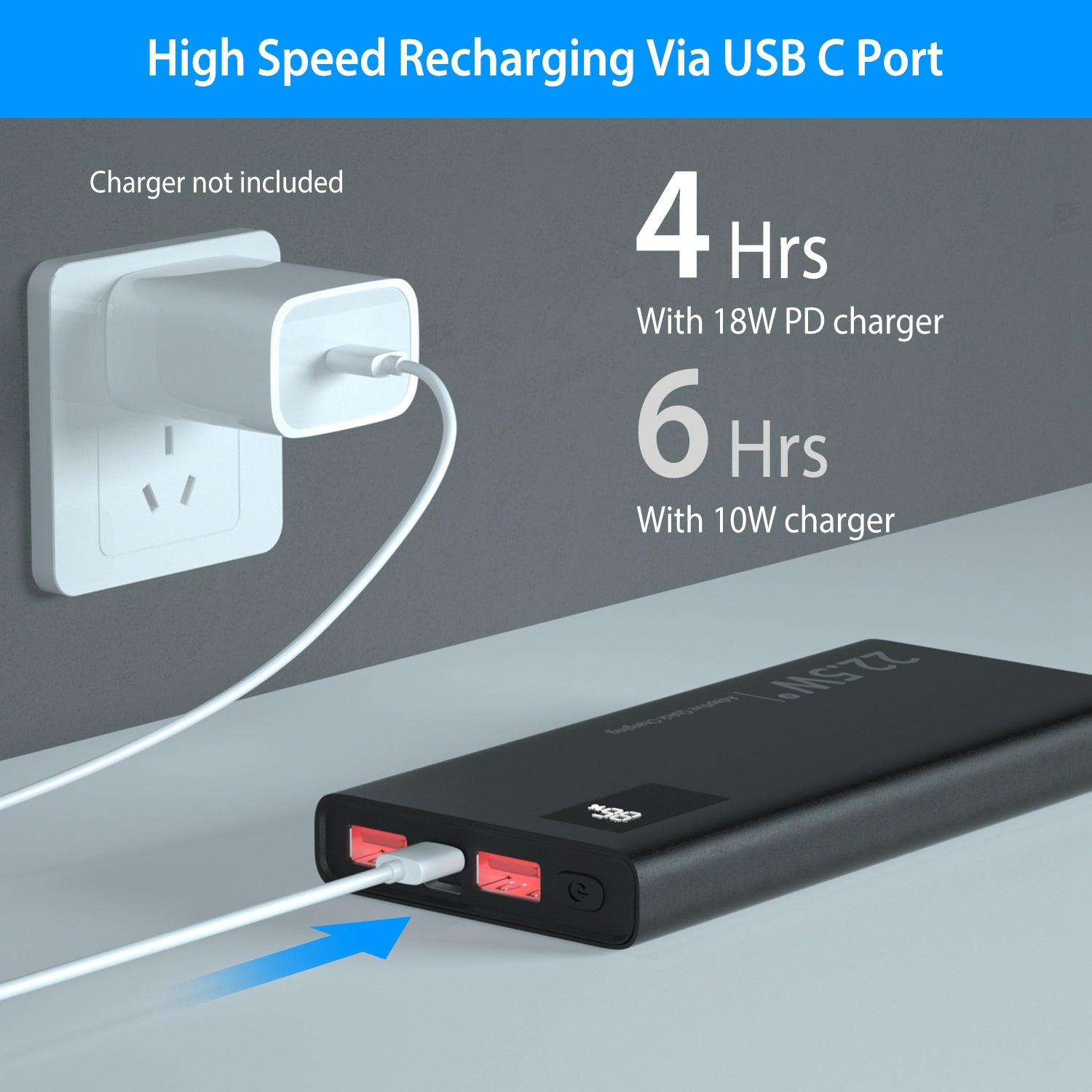 1Pc 1W Mah Power Bank Portable Charger External Battery Pack 22.5W Super Fast Charging PD QC 3.0 With LED Display Fit For IOS Phone - 5 - CJ