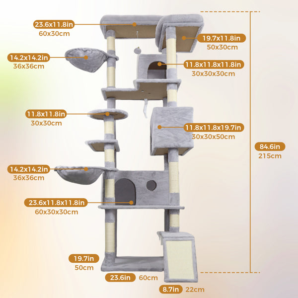 84.6 In Light Gray Cat Tree Tower With Wide Base, 3 Large Hinding Condo, 11 Sisal Scratching Post, Sisal Scratching Ladder, 2 Hammocks, Large Top Platform, Many Landing Perch And Interactive Toy - 5 - CJ