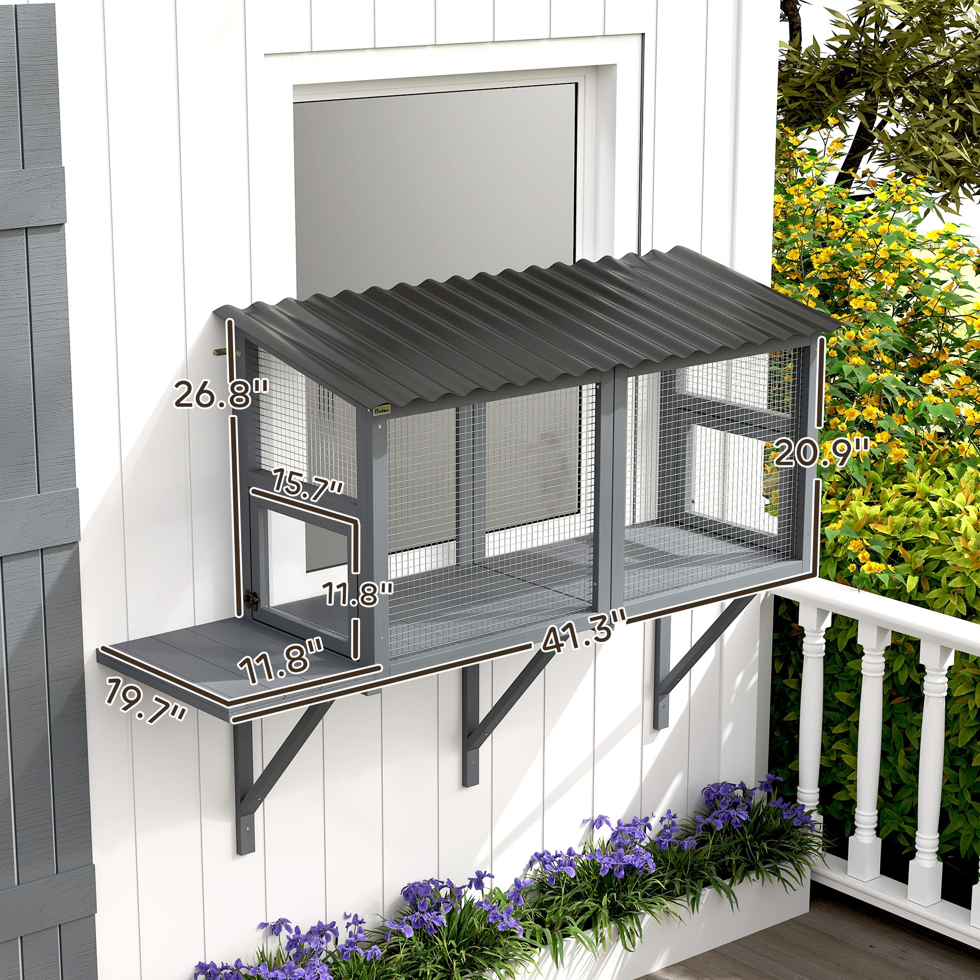Wooden Cat Catio, Outdoor Cat Enclosure Window Perch With Jumping Platform, For Safely Enjoying Outdoor Sights, Gray - 5 - CJ