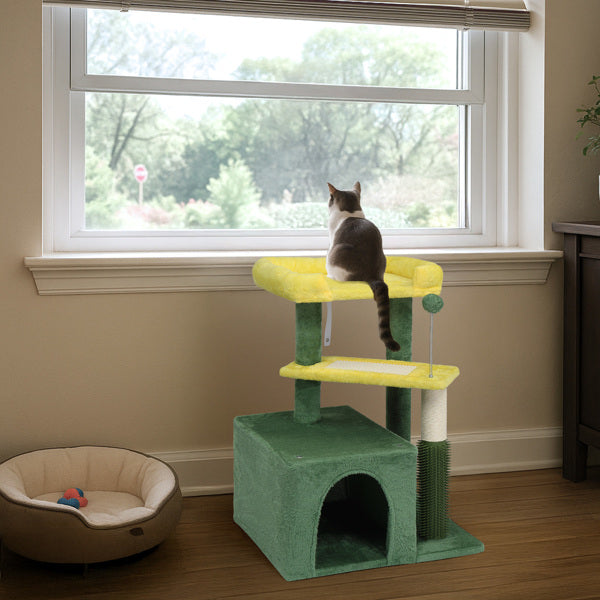 27.5in Cat Tree, Multi - level Cat Tower With Cat Scratching Post And Pad, Cozy Cat Condo, Padded Top Bed For Kittens And Indoor Cats, Yellow & Green - 5 - CJ