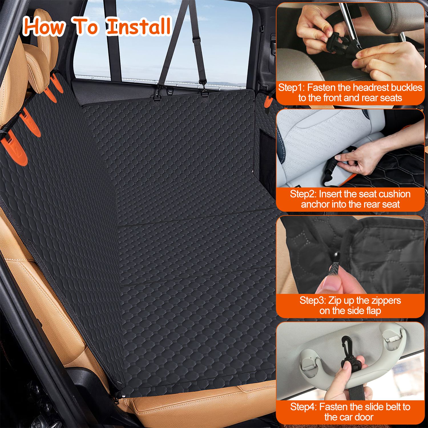 Dog Car Back Seat Cover With Zipper Mesh Window Storage Bags Waterproof 600D Oxford Cloth Car Seat Protector With Slide Flaps For Cars Trucks SUVs - 5 - CJ