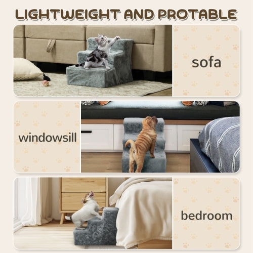 PawHut Three - Step Dog Stairs, With Washable Plush Cover, For High Bed Sofa, Dog Stairs For Small Dog And Cat - Light Grey - 5 - CJ