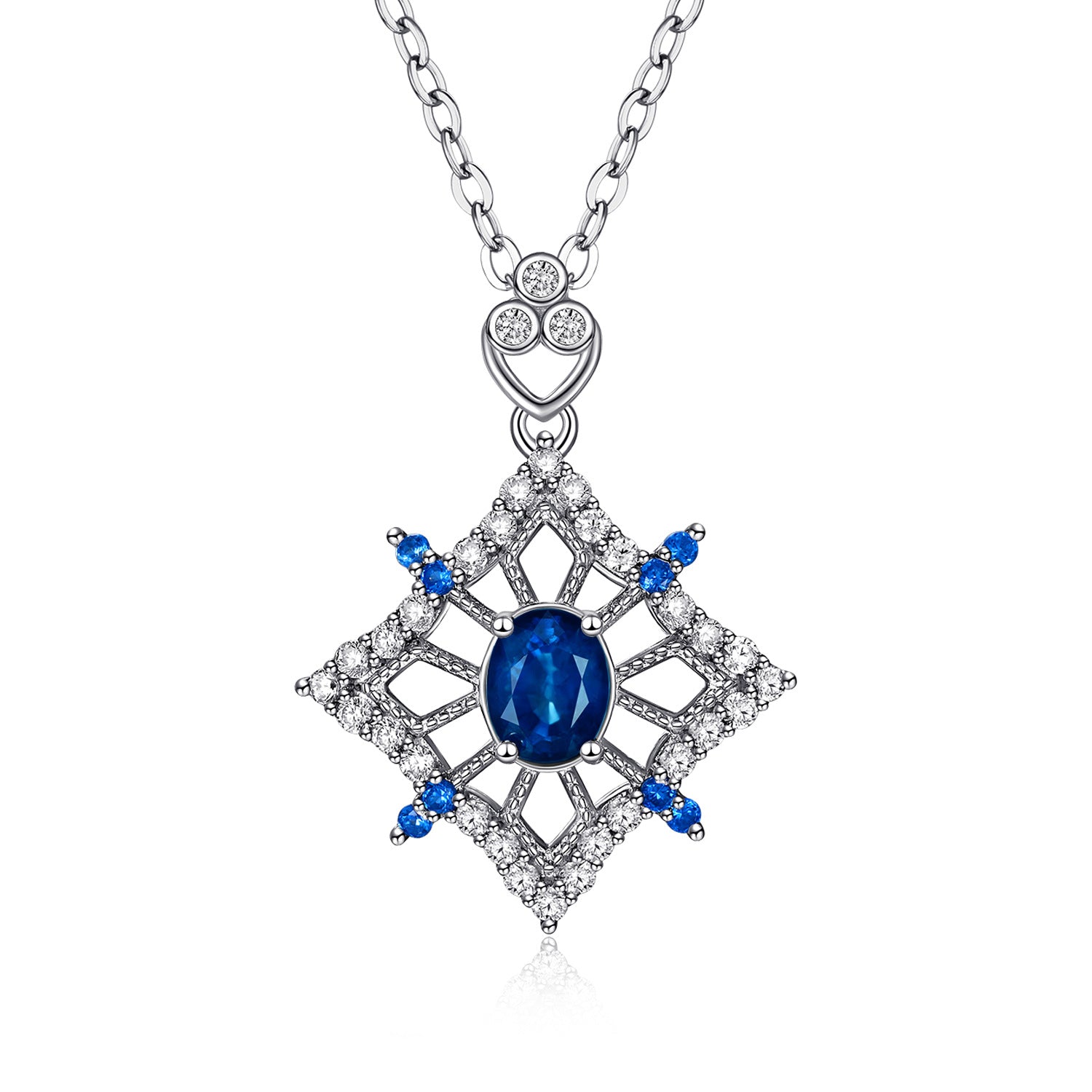 S925 Silver Set Natural Sapphire Necklace Female Hollow Diamond Pendant - 4 - CJ