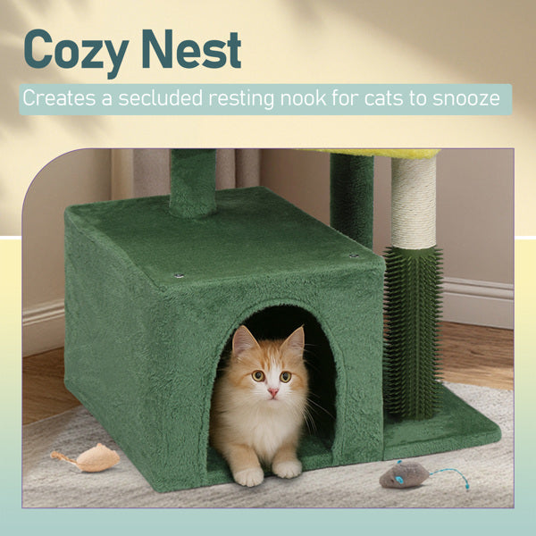27.5in Cat Tree, Multi - level Cat Tower With Cat Scratching Post And Pad, Cozy Cat Condo, Padded Top Bed For Kittens And Indoor Cats, Yellow & Green - 5 - CJ