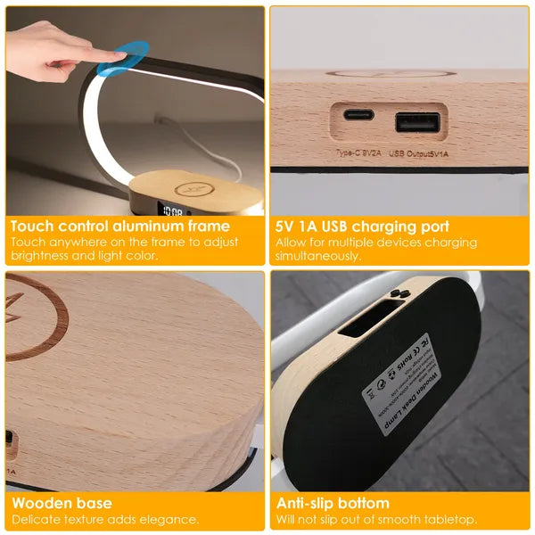 Bedside Table Lamp Touch Control Lamp With Clock Wireless Charging LED Desk Lamp Dimmable Nightstand Reading Lamp - 5 - CJ