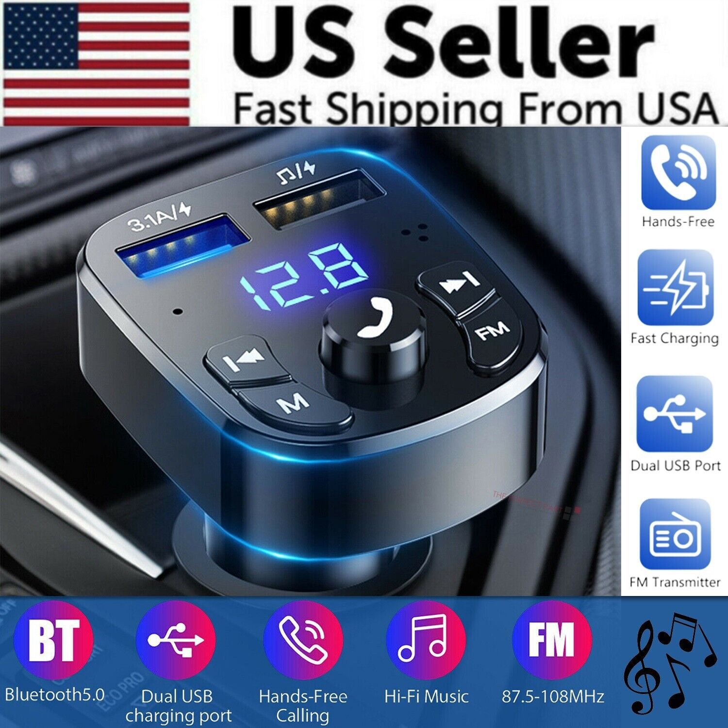 Wireless Car Bluetooth FM Transmitter MP3 Audio USB Charger Adapter Handsfree - 5 - CJ