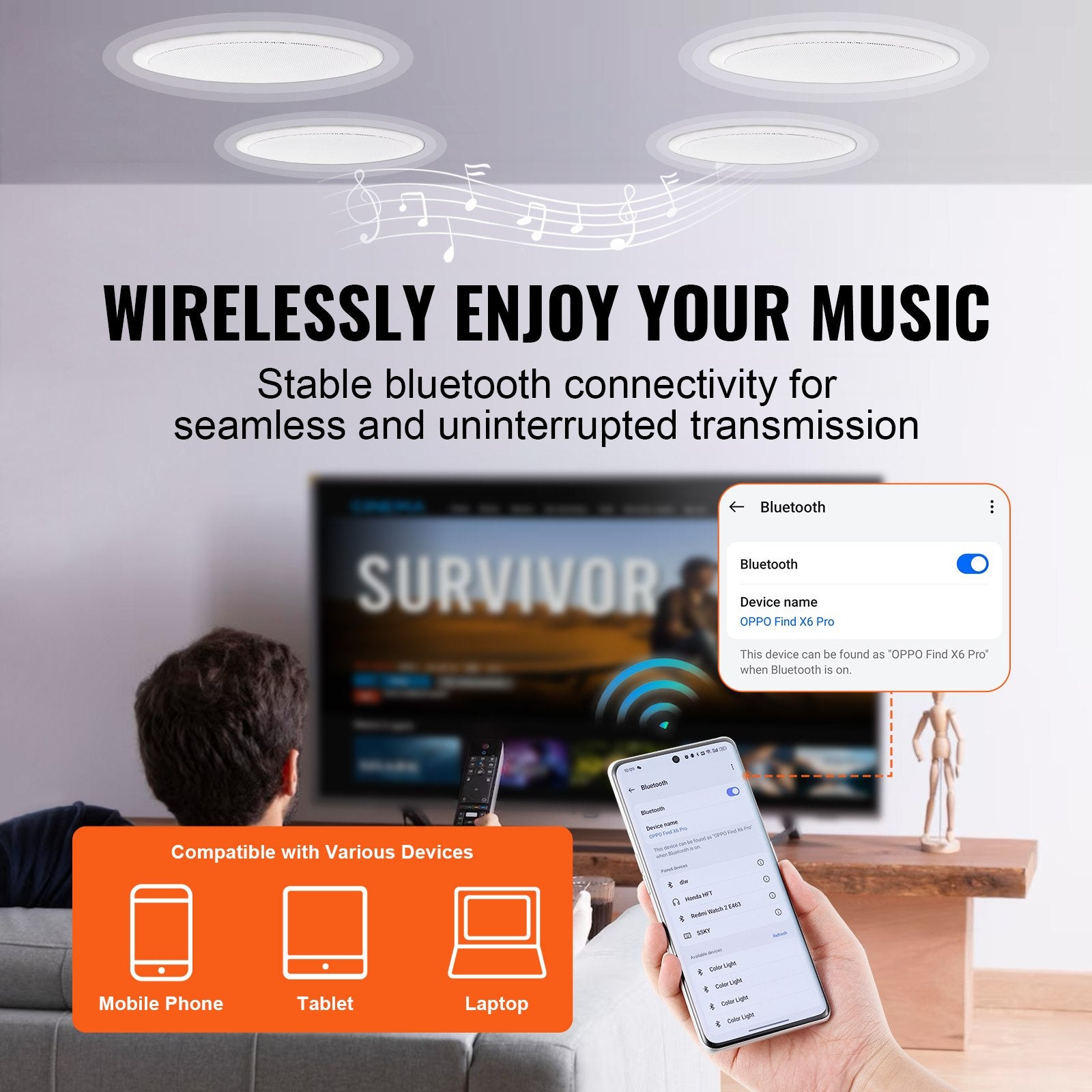 4 PCs 6.5'' Bluetooth In Ceiling Speakers, 150W, Flush Mount Ceiling & In - Wall Speaker System With 8ΩImpedance 89dB Sensitivity, For Home Kitchen Living Room Bedroom Or Covered Outdoor Porches - 5 - CJ