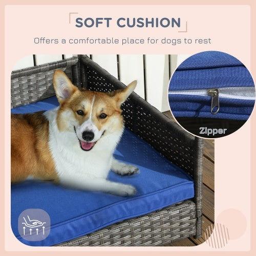 PawHut Wicker Dog House Outdoor With Canopy, Rattan Dog Bed With Water - resistant Cushion, For Small And Medium Dogs, Dark Blue - 5 - CJ