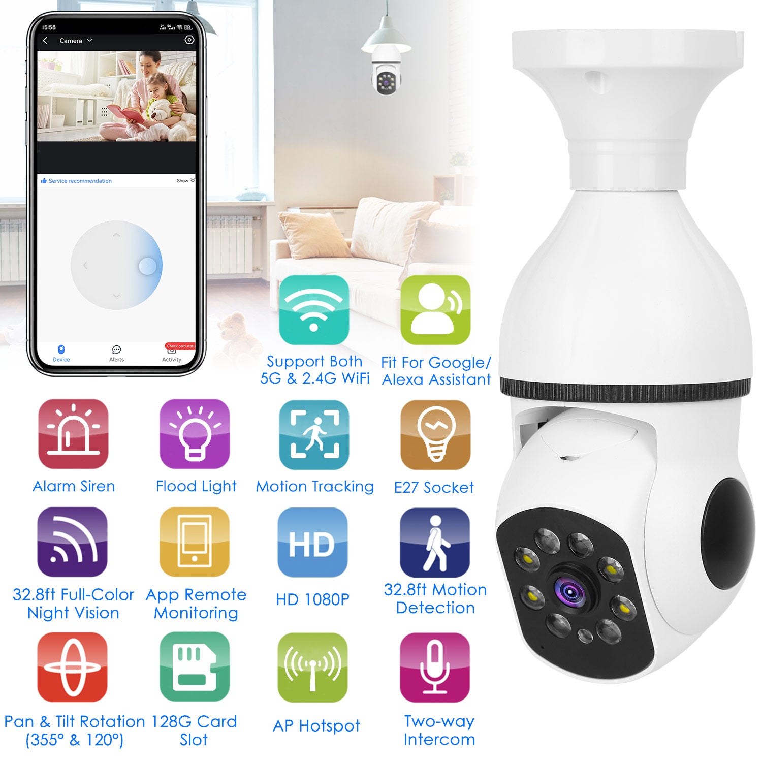 1Pc E27 WiFi Bulb Camera 1080P FHD WiFi IP Pan Tilt Security Surveillance Camera With Two - Way Audio Full Color Night Vision Flood Light Motion Tracking Siren Function APP Control - 5 - CJ