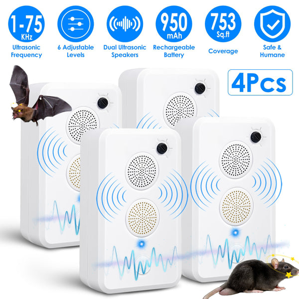 4pcs Ultrasonic Pest Repeller - 1 - 75KHz Adjustable 6 Levels, Repels Bats Birds Mice, 753Sq.ft Coverage, 950mAh Rechargeable For Indoor Outdoor Use - 5 - CJ