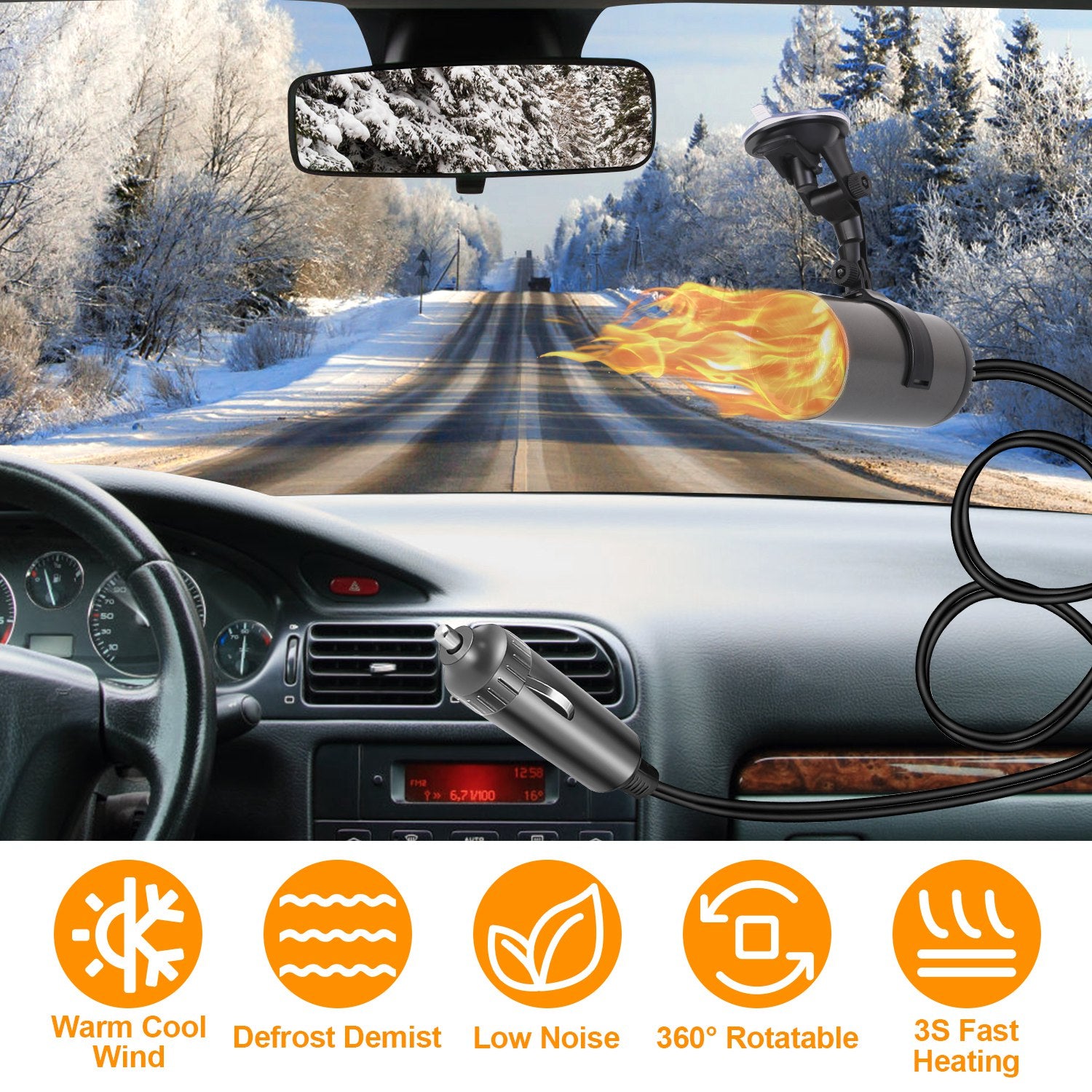 1Pc 12V 150W Or 24V 216W Portable Car Heater 2 In 1 Heating Cooling Fan Rotatable Demister Defroster With 4.92ft Cord - 5.0 - CJ