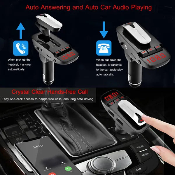 Car FM Transmitter W/ Wireless Earpiece 2 USB Charge Ports Hands - free Call MP3 Player - 5 - CJ