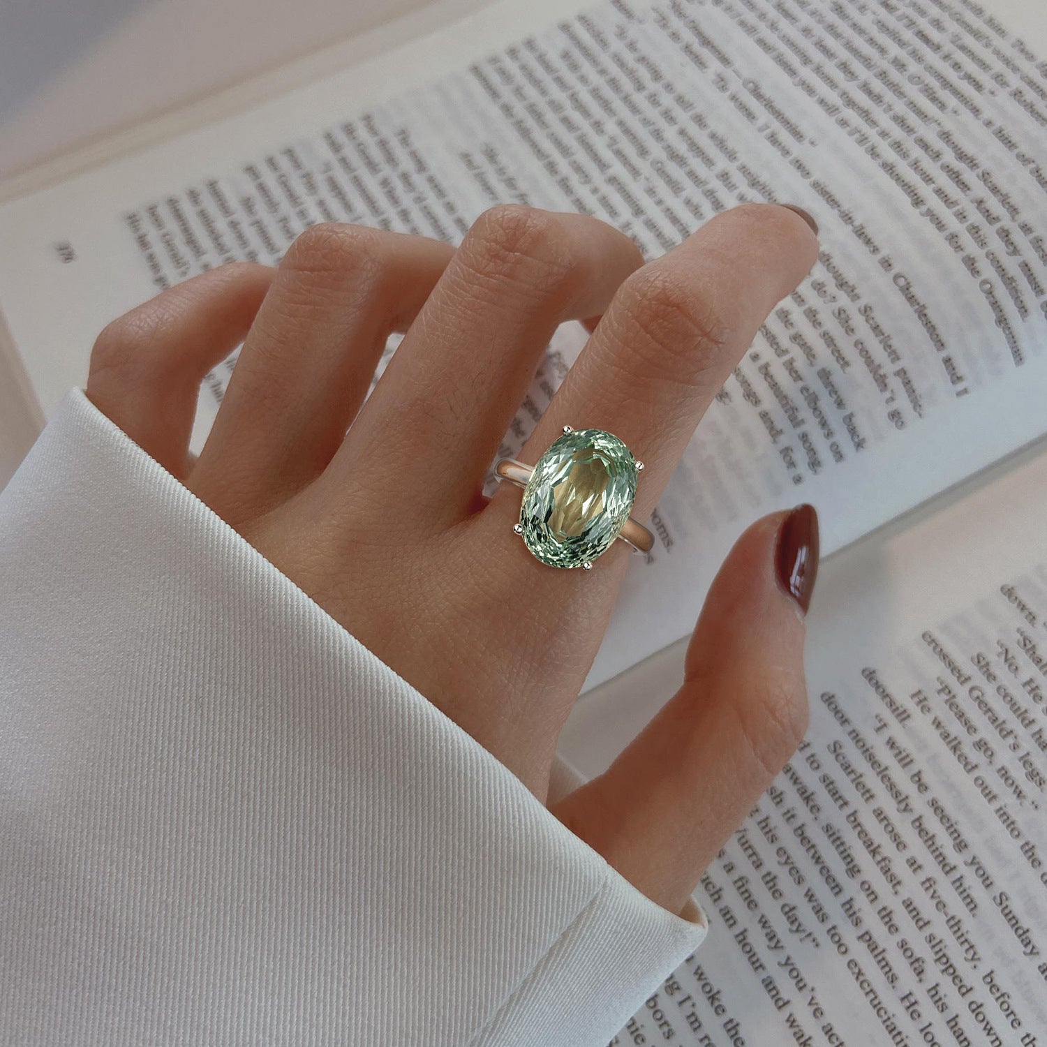 Luxury Retro 925 Sterling Silver Ring Large Grain Natural Green Amethyst Gemstone Inlaid Ring - 4 - CJ