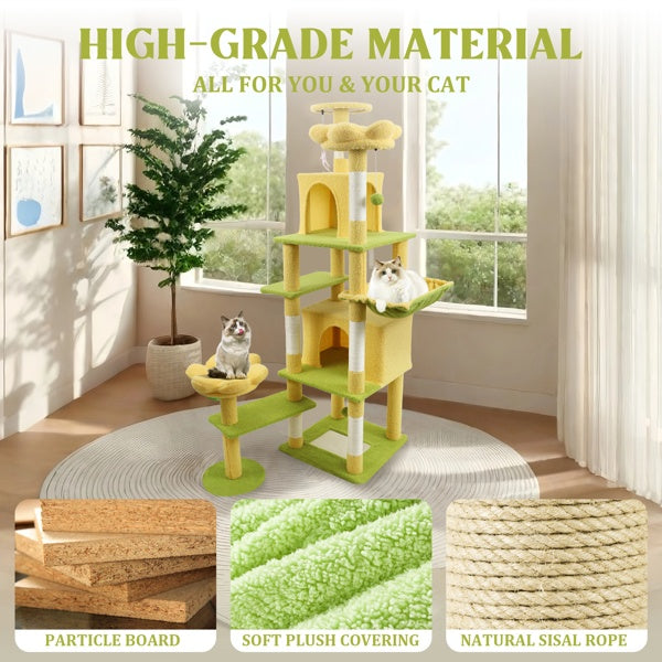 71 Inch Flower Cat Tree With Large Condo Removable Flower Cushion And Hammock Yellow - 5 - CJ
