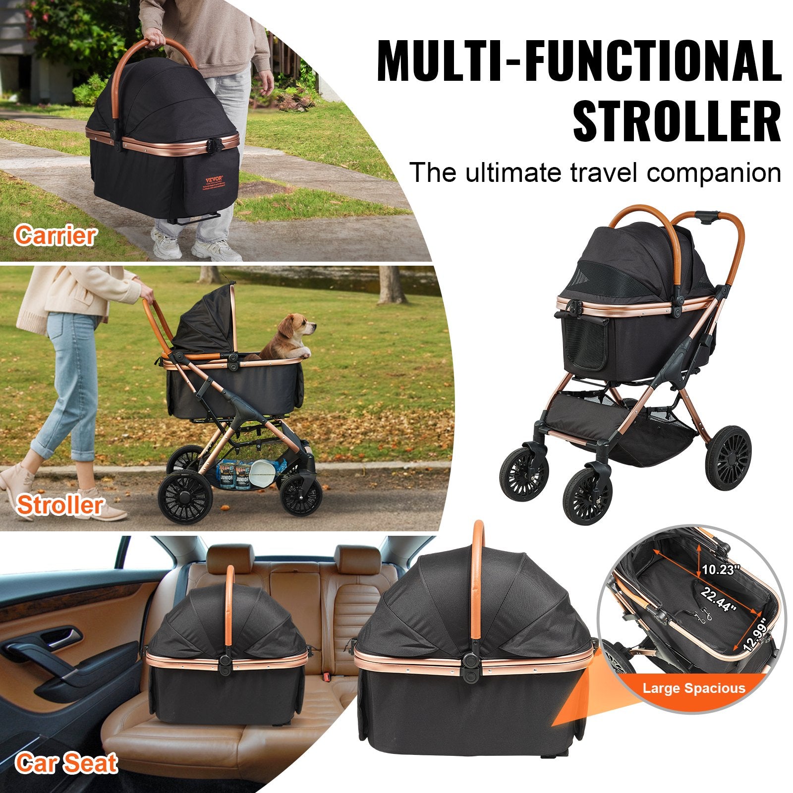 Pet Stroller, 4 Wheels Dog Stroller Rotate With Brakes, 66 Lbs Weight Capacity, Puppy Stroller With Detachable Carrier, Storage Basket And Pet Pad, For Small To Medium Sized Dogs, Black - 5 - CJ