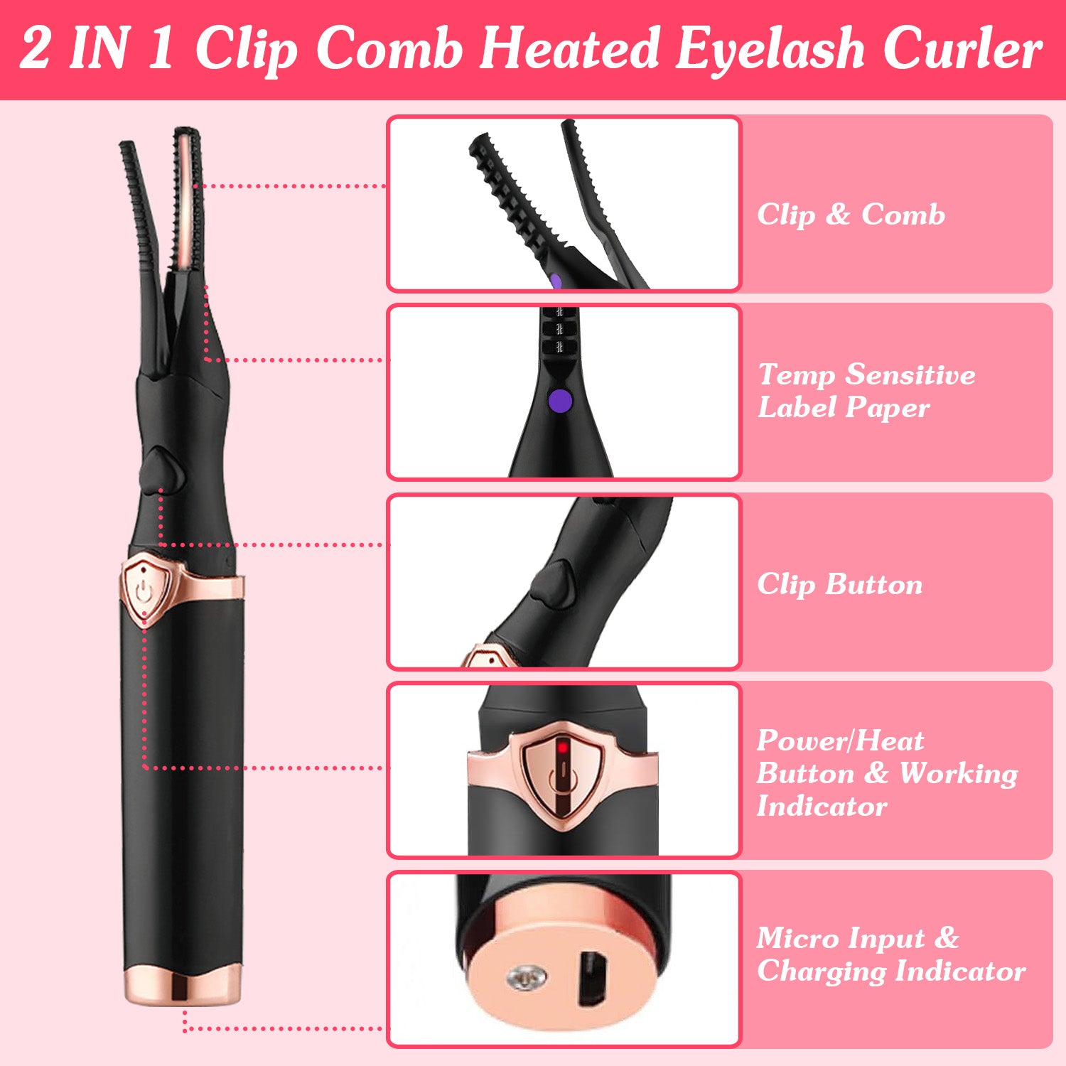 1Pc 2 In 1 Clip Comb Heated Eyelash Curler Electric Mini Lash Curler Natural Eye Lash Makeup Tool With 3 Temp Settings 15Mins Shutdown - 5 - CJ