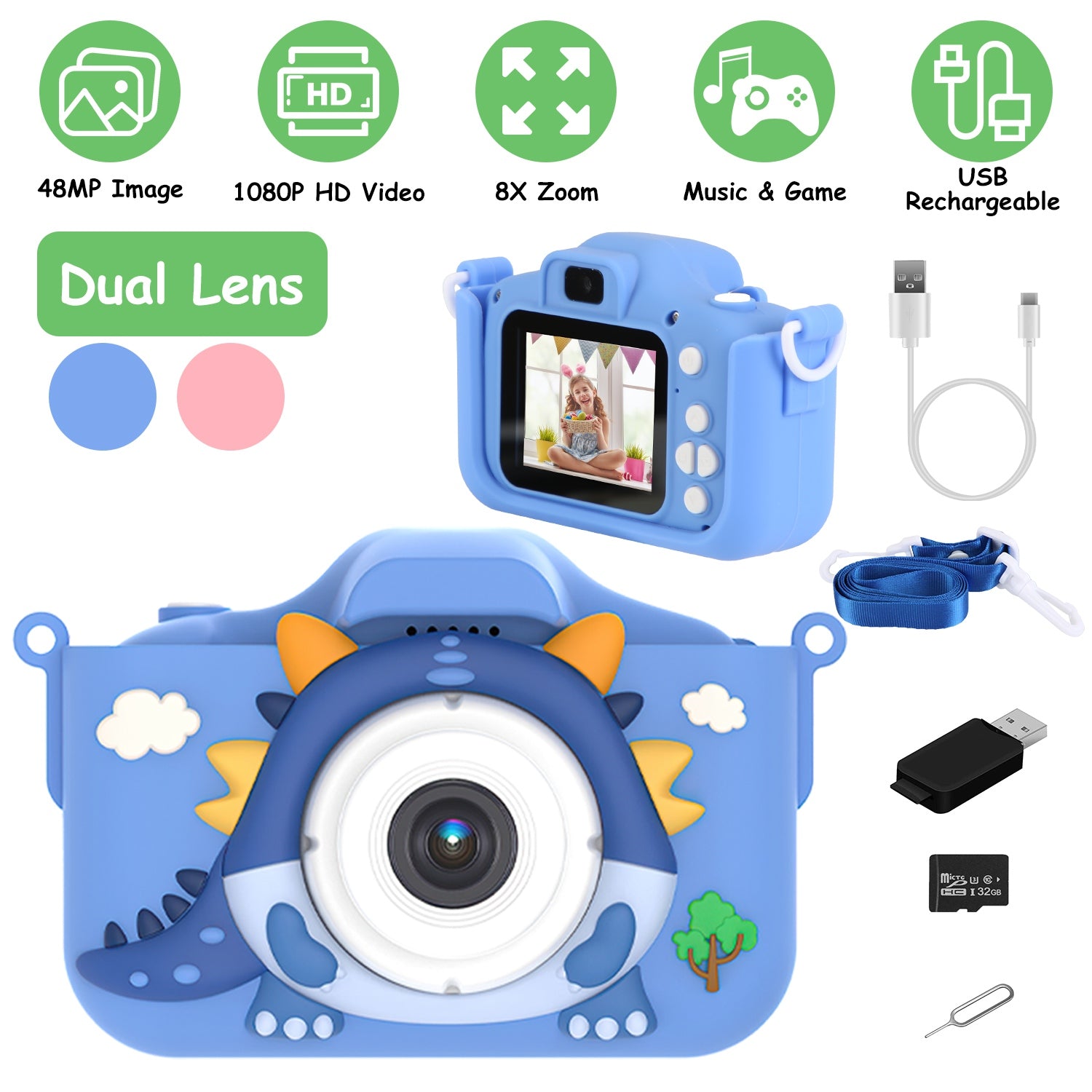 Pink - Blue Options - 1Pc Dinosaur Kids Selfie Camera Cartoon Camera 48MP 1080P HD Digital Camera With Cartoon Case Card Reader 32G MMC Card For Boys Girls Above Aged 6 Years Old - 5 - CJ