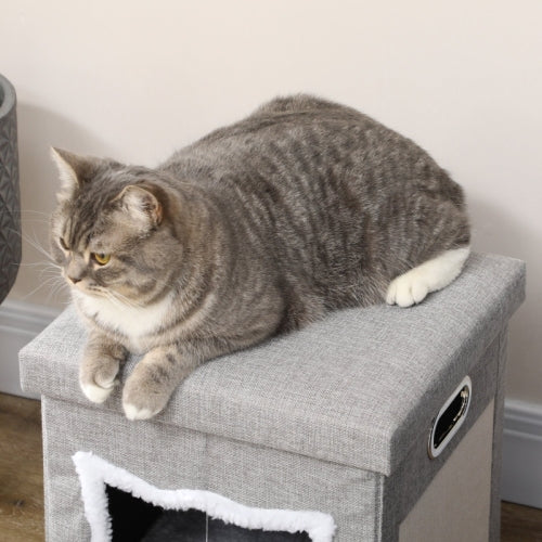 PawHut Cat House Cave, Cat Bed Cube With Scratching Pad, Soft Detachable & Washable Cushion, Toy Ball, For Indoor Kittens, Grey - 5 - CJ