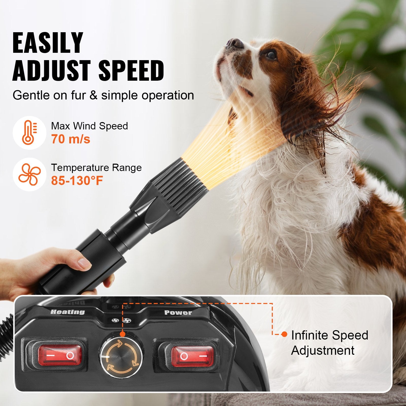 Dog Dryer, 2800W/4.3HP Dog Blow Dryer, Pet Grooming Dryer With Adjustable Speed And Temperature Control, Pet Hair Dryer With 4 Nozzles And Extendable Hose, Black - 5 - CJ