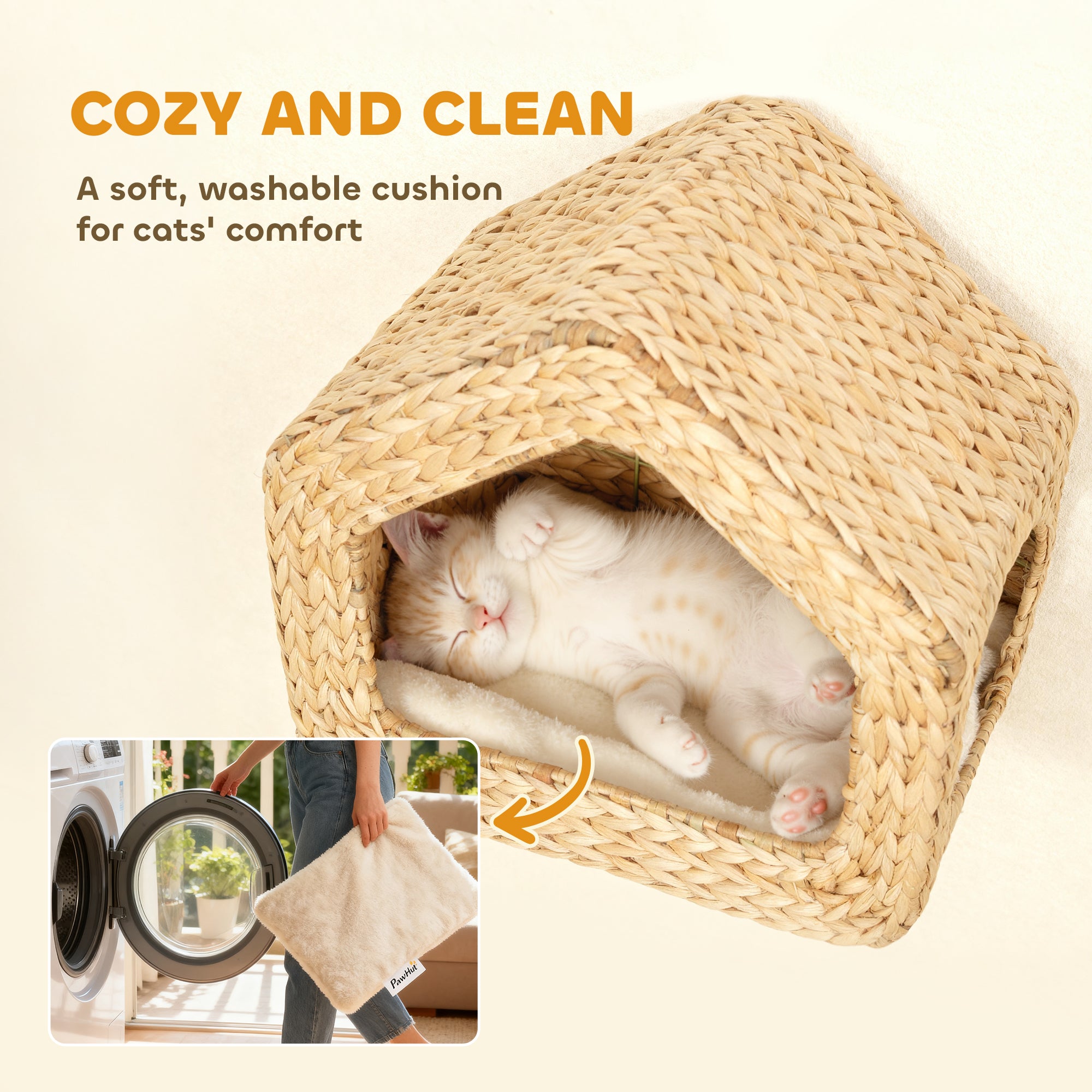 Wall Mounted Cat House, Cat Wall Furniture, Cat Wall Shelf with Washable Cushion, Natural - 5 - CJ