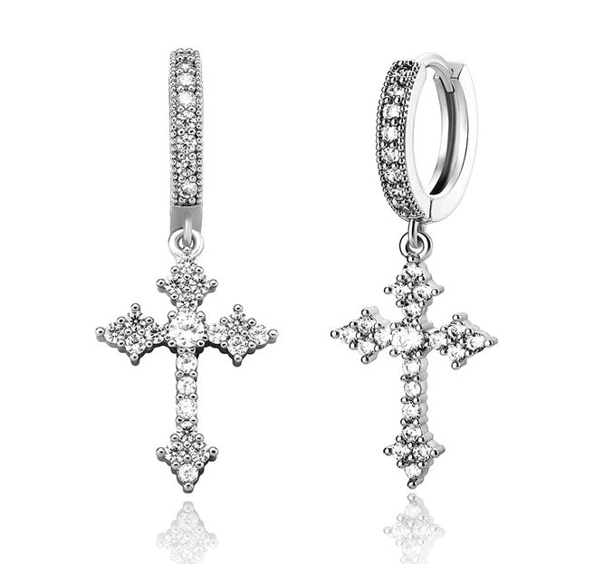 1 Pair Men's Sparkling Zircon Cross Dangle Huggie Hoops,Everyday Versatile Earrings - 5 - CJ