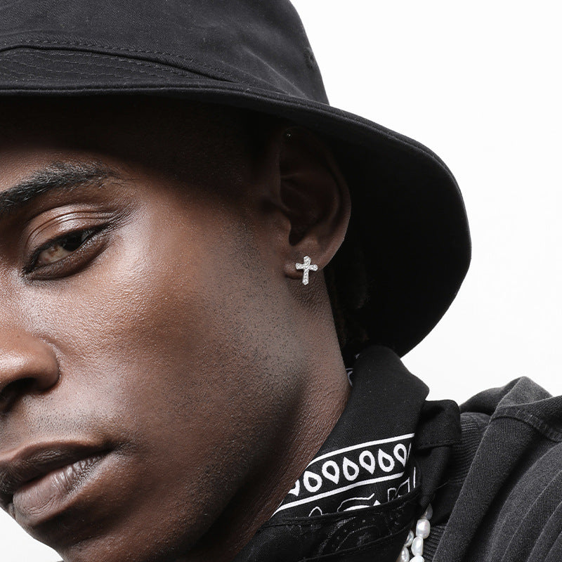 1 Pair Korean Trendy Zircon Cross Stud Earrings,Sparkling, Unisex.Hip Hop Piercing Jewelry - 5 - CJ