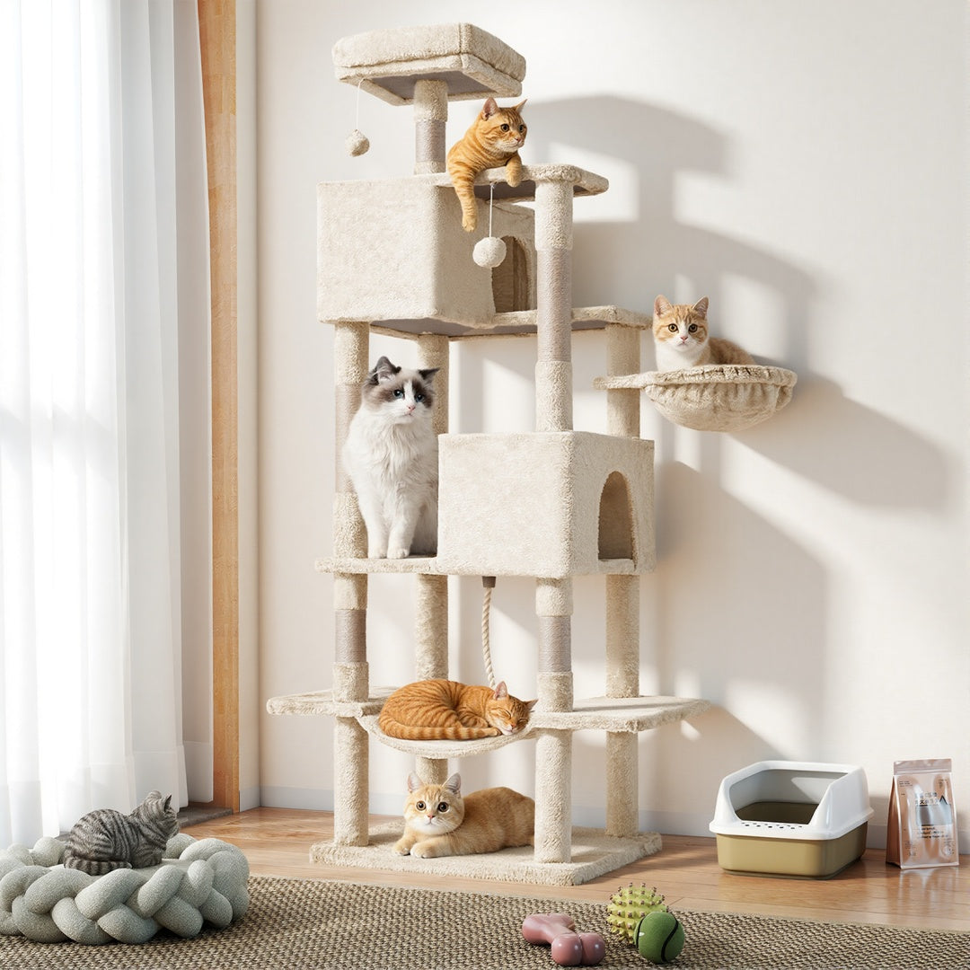 66 Inch Cat Tree Tower, Large Multi - Cat Climbing Extended Platform, Hammock, Pet House For Indoor Cats And Kittens Play - 5 - CJ