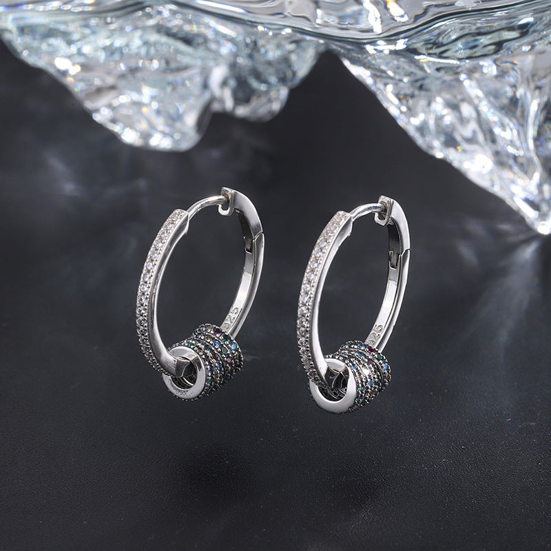 S925 Sterling Silver Colorful Small Circle Zircon Ring Earrings - 4 - CJ