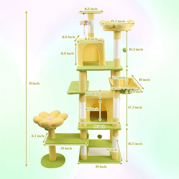 71 Inch Flower Cat Tree With Large Condo Removable Flower Cushion And Hammock Yellow - 5 - CJ
