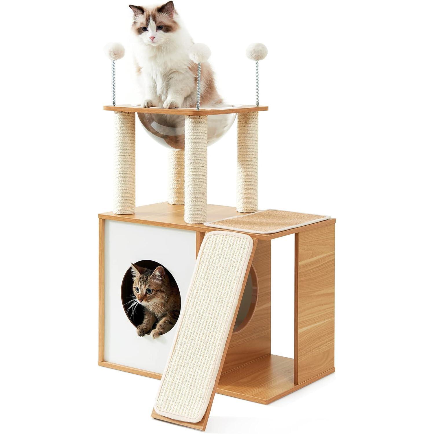 Indoor Wooden Cat Climbing Frame Cat Tower Cat House With Cat Scratching Board Ramp Suitable For Large Cats And Kittens - 5 - CJ