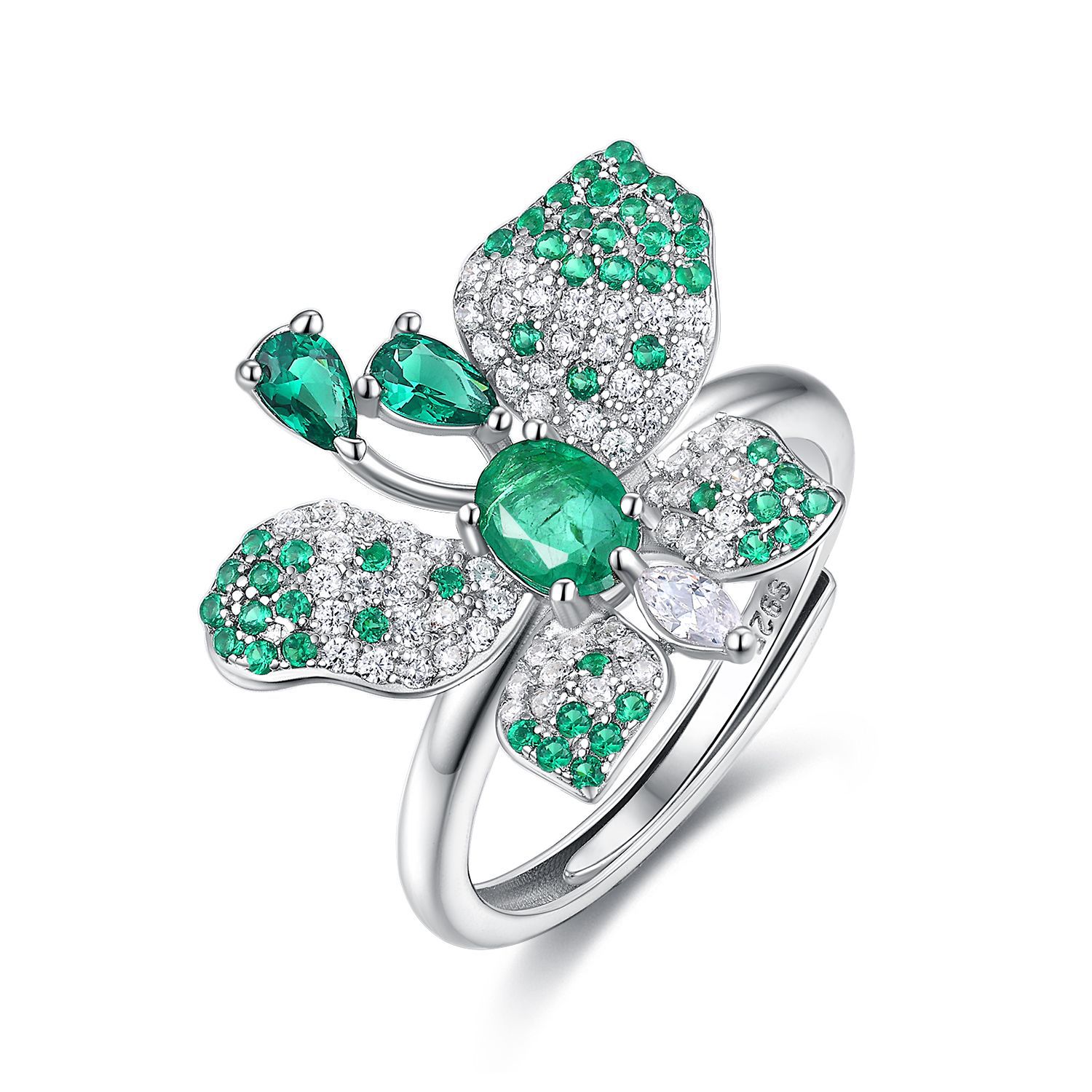 Butterfly Ring S925 Silver Set Natural Emerald - 4 - CJ