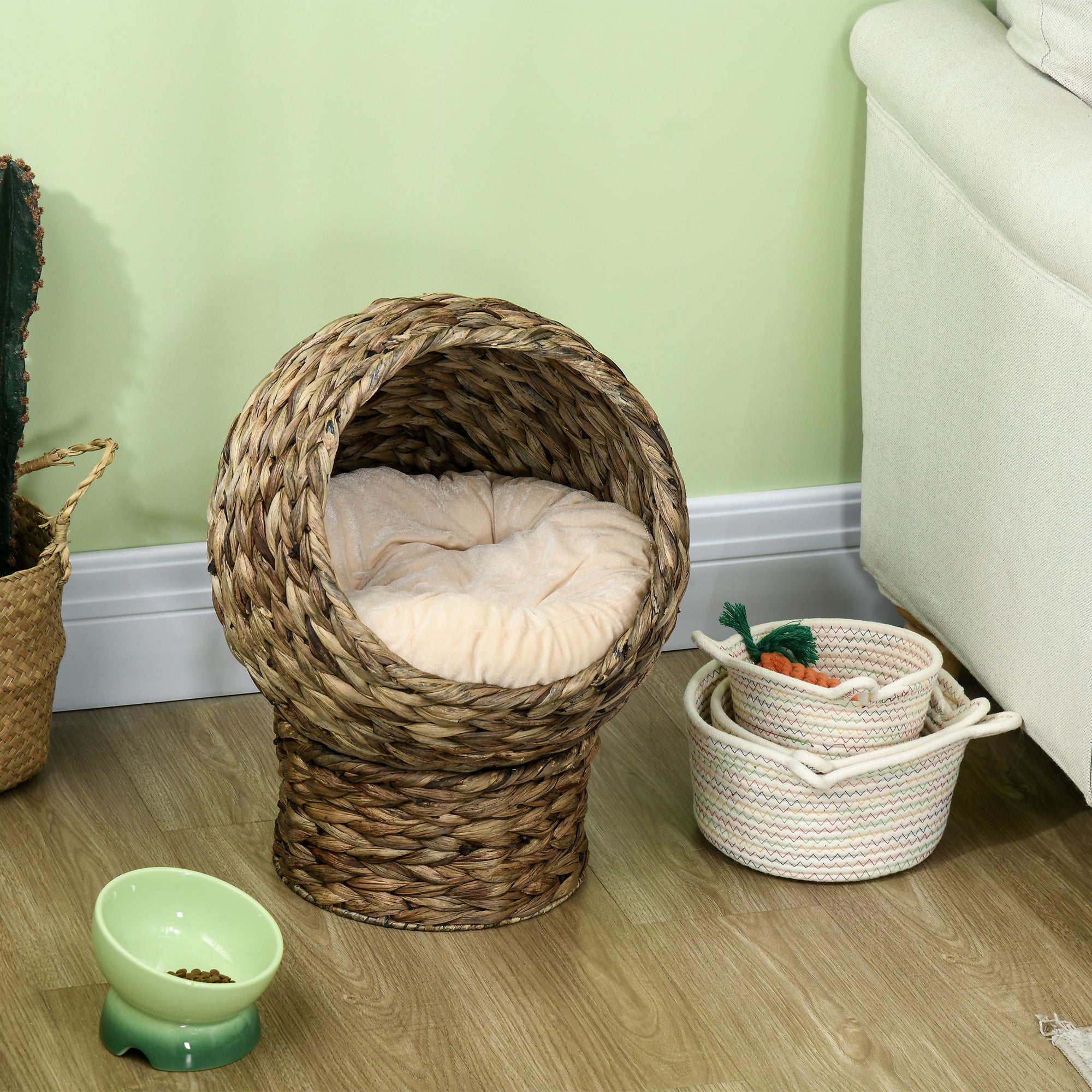 Handwoven Elevated Cat Bed with Soft Cushion & Egg Chair Shape, Basket Bed Kitty House with Stand, Raised Wicker House for Indoor Cats, 20" H, Gray - 5 - CJ