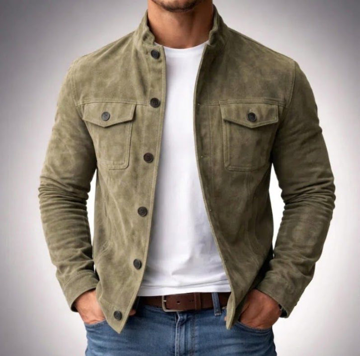 Vintage Single - breasted Jacket Men's Casual Motorcycle Faux Suede Tops - 0 - CJ - Army Green - 3XL - CJXZ264702712LO