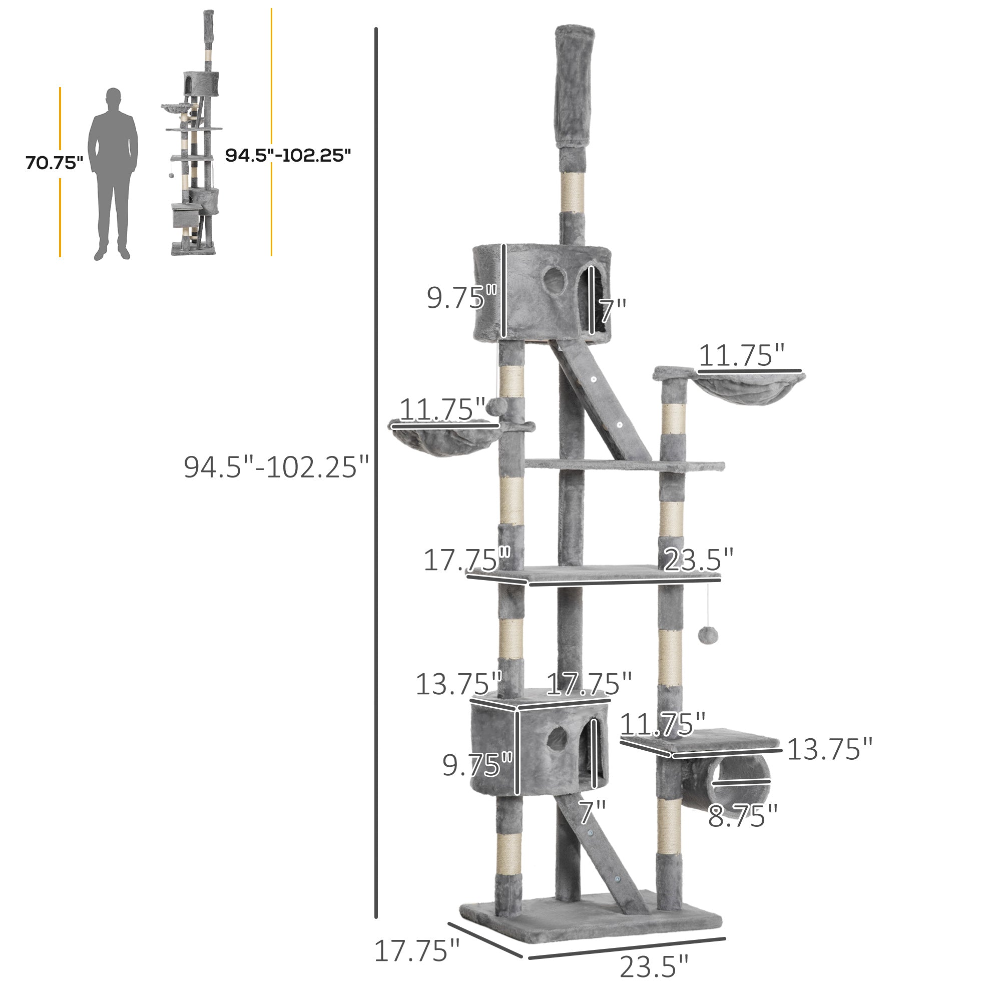 Floor Standing Cat Tree 94.5 - 10.25 Inch Height Adjustable Cat Climbing Tower, Apartment Hammock - 5 - cjdroshippping