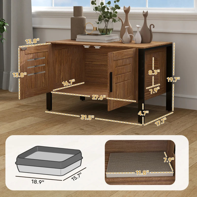 PawHut Cat Litter Box Enclosure With Tall Legs, Scratching Board, Dark Brown, - 5 - CJ