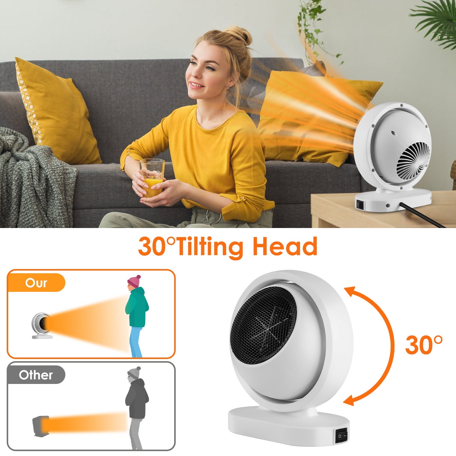 1Pc 380W Space Heater With 30 Degree Tilting Angle 3S Fast Heating Portable Desktop Electric Heater For Indoor Use With Overheat Protection Tip Over Protection For Home Office - 5 - CJ