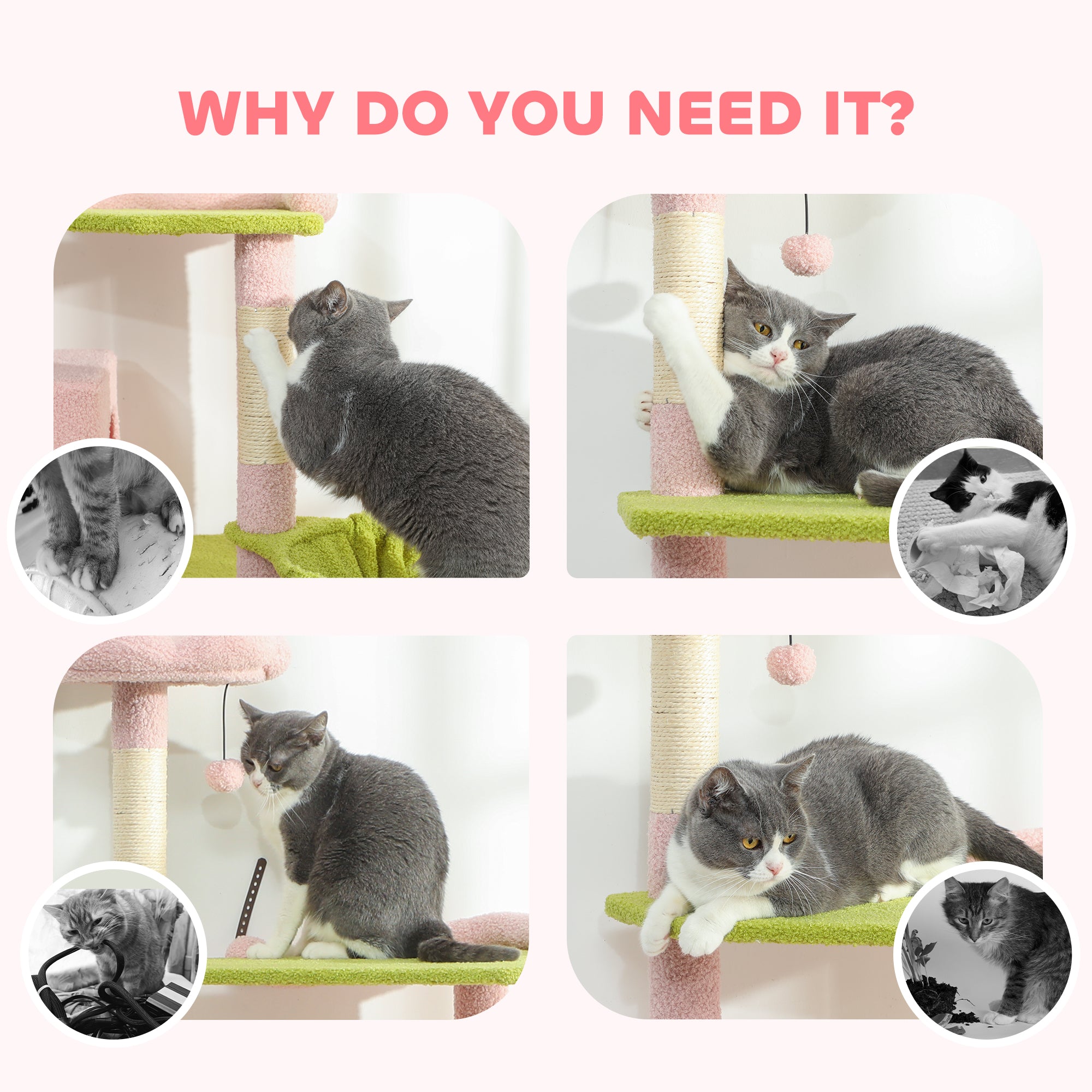 74" Flower Cat Tree, Large Cat Tower with Scratching Post & Board for Indoor Cats, Pink - 5 - CJ