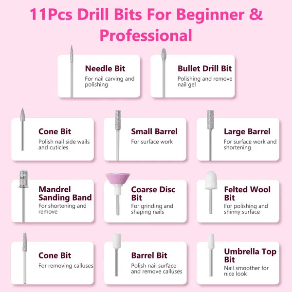 Portable Electric Nail Drill Bit 45000 RPM With 11 Bits Base Waist Clip Cordless Rechargeable Nail File Machine For Professional Salon Home Acrylic Nails Remove Nail Gel Polish Manicure - 5 - CJ