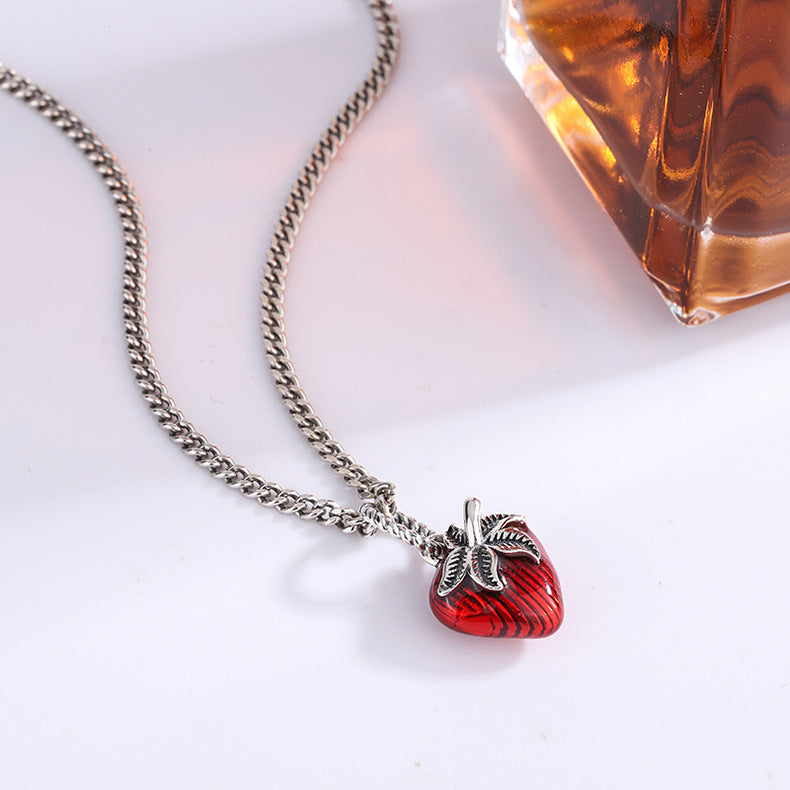 S925 Sterling Silver Enamel Strawberry Pendant French Retro Necklace - 4 - https://x.com/titan_prim62775J
