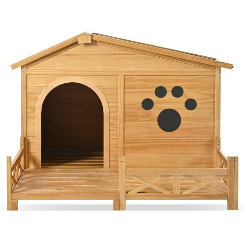 48 Wooden Dog House Outdoor With Porch, Dog Kennel With Water - Resistant Asphalt Roof And Fencing,Indoor & Outdoor Dog Crate With Paw Print, Medium, Nature - 5 - CJ