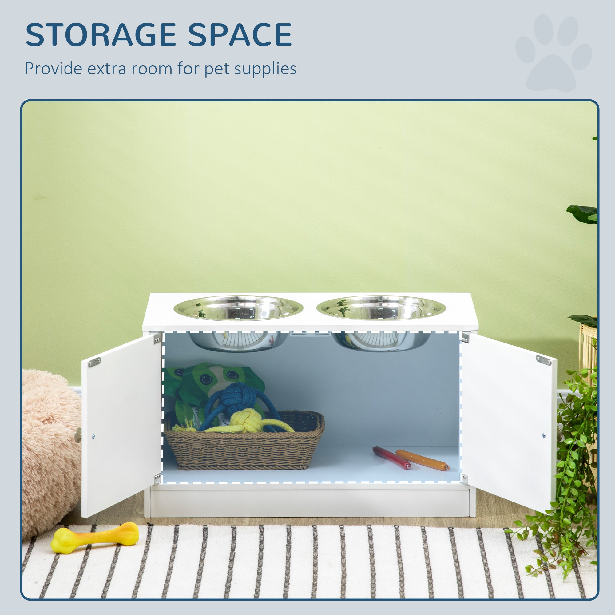 Large Elevated Dog Bowls with Storage Cabinet Containing Large 44L Capacity, Raised Dog Bowl Stand Pet Food Bowl Pet Feeding Station, White - 5 - CJ