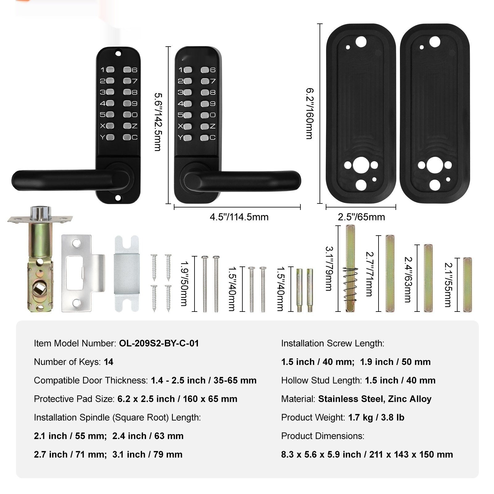 Mechanical Keyless Entry Door Lock, 14 Digit Keypad, Double - sided Embedded Outdoor Gate Door Locks Set With Keypad And Handle, Water - proof Zinc Alloy, Easy To Install, For Garden, Yard, Garage - 5 - CJ