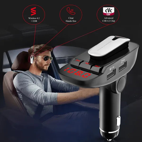 Car FM Transmitter W/ Wireless Earpiece 2 USB Charge Ports Hands - free Call MP3 Player - 5 - CJ