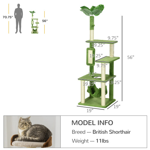 PawHut 56 Cat Tree For Indoor Cats With Hammock, Cat Tower With Scratching Post, Platforms, Play Ball And Anti - tipping Device, For Indoor Cats, Green - 5 - CJ