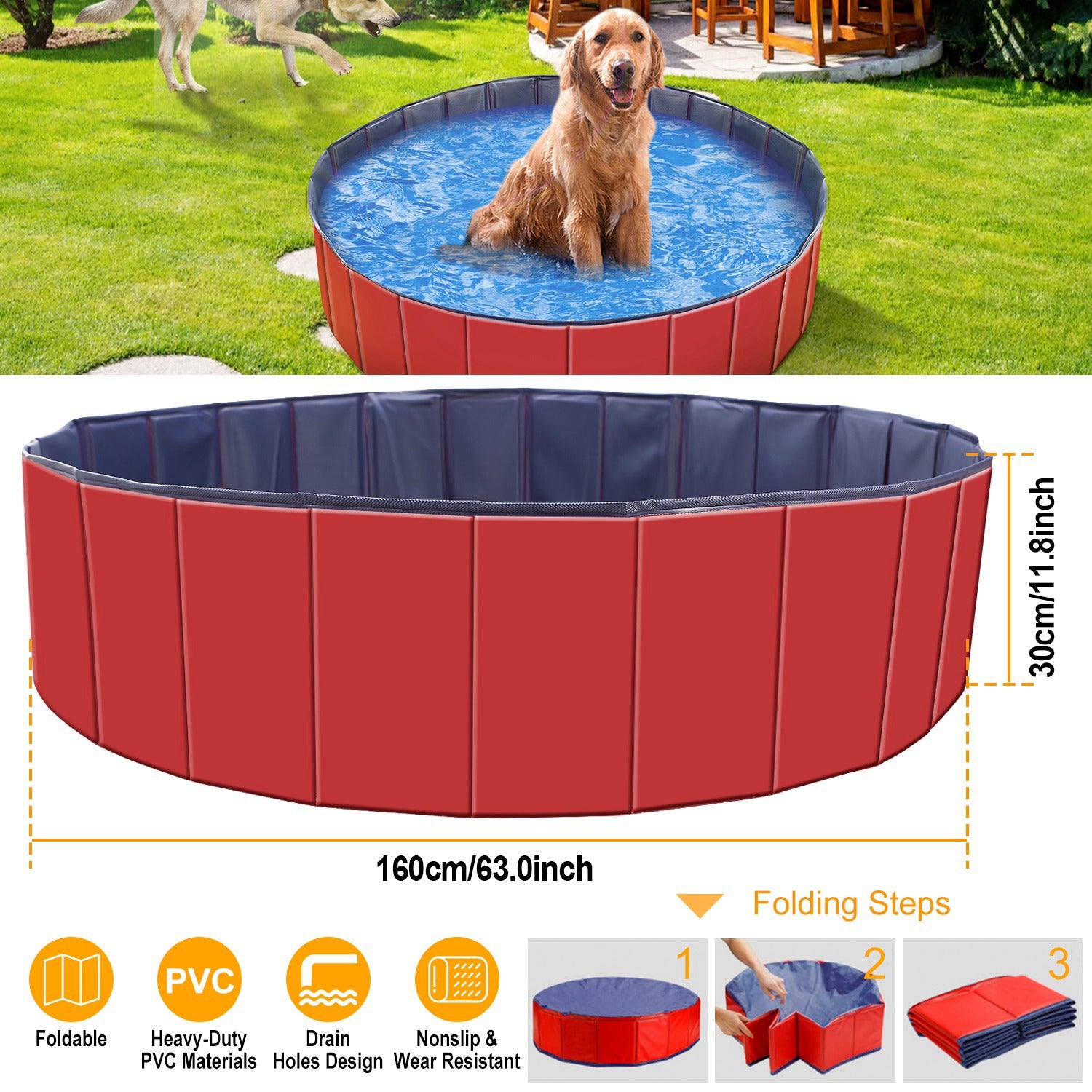 1Pc 160 X 160 X 30cm - 63.0 X 63.0 X 11.8inch Foldable Pet Swimming Pool PVC Dog Swim Pool Bathing Tub Playmat Pools - 5 - CJ